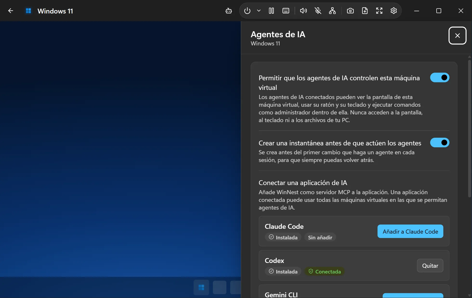 El panel Agentes de IA de una VM: interruptores para permitir los agentes y crear una instantánea antes de que actúen, y botones para añadir WinNest a Claude Code, Codex y Gemini CLI en un clic.