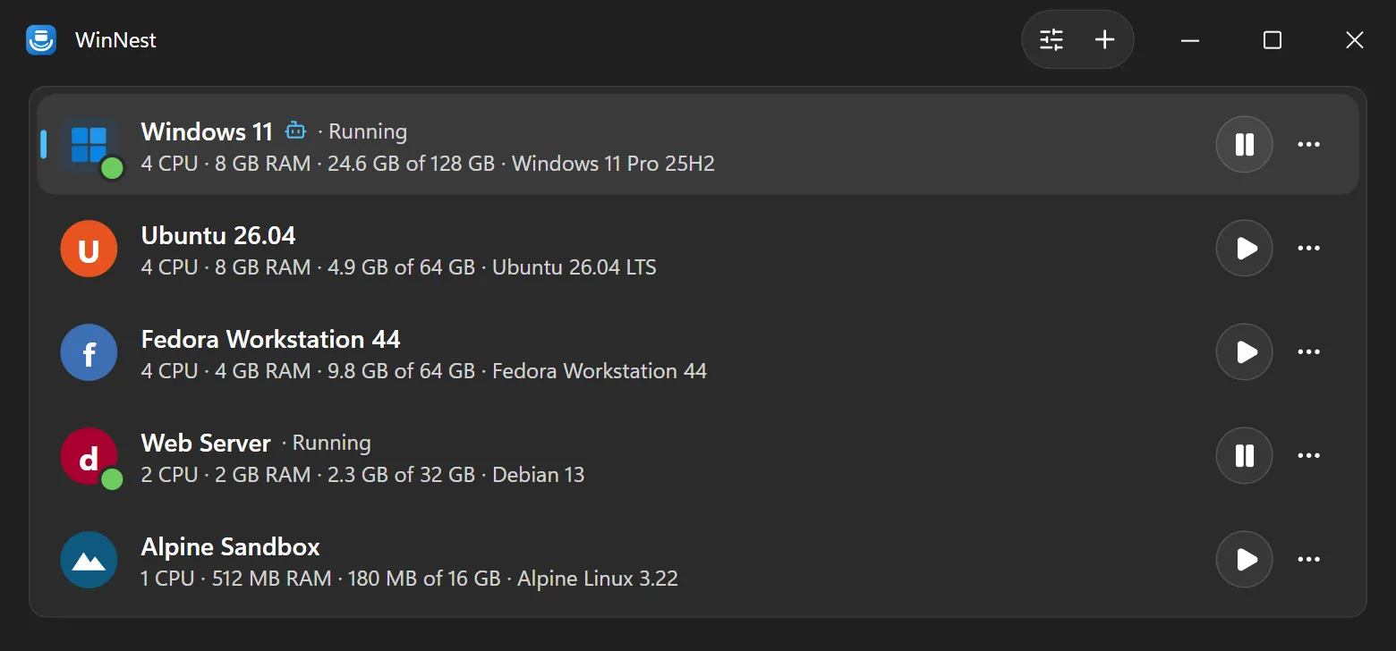 The WinNest library window with five virtual machines: Windows 11, Ubuntu, Fedora, a Debian web server and Alpine Linux, each with its CPUs, memory and disk use.
