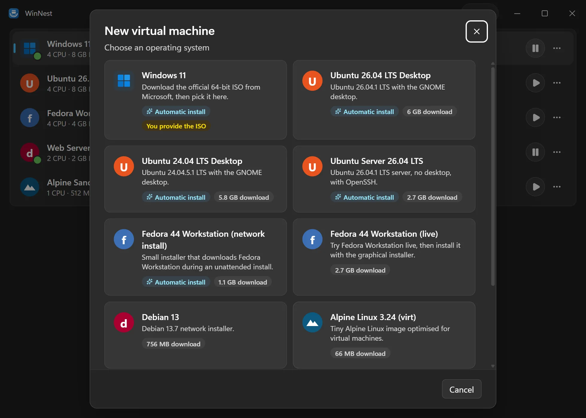 The New virtual machine dialog: Windows 11, Ubuntu 26.04 and 24.04, Ubuntu Server, Fedora 44, Debian 13 and Alpine Linux, with automatic install and download size badges.