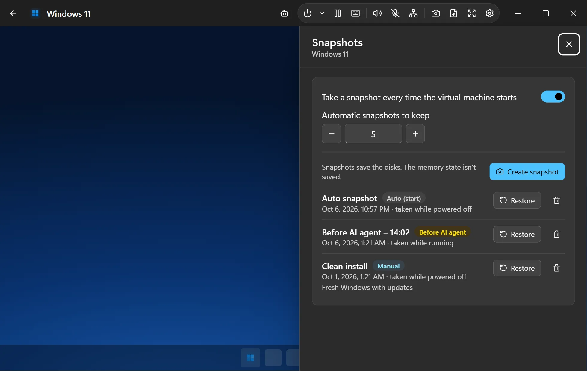 The Snapshots panel of a Windows 11 VM: an automatic snapshot taken on start, one taken before an AI agent acted, and a manual one, each with a Restore button.